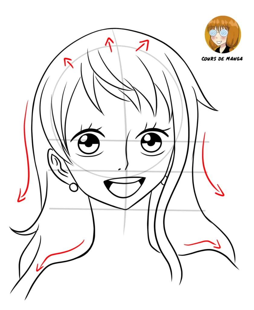 Etape 15 du tuto pour dessiner Nami : dessiner le reste des cheveux autour du cercle et les épaules